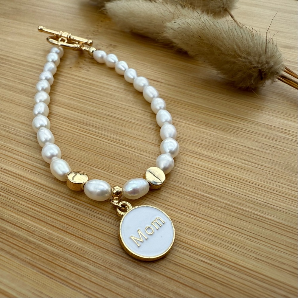 Gold and White Pearl Bracelet with 'Mom' Charm